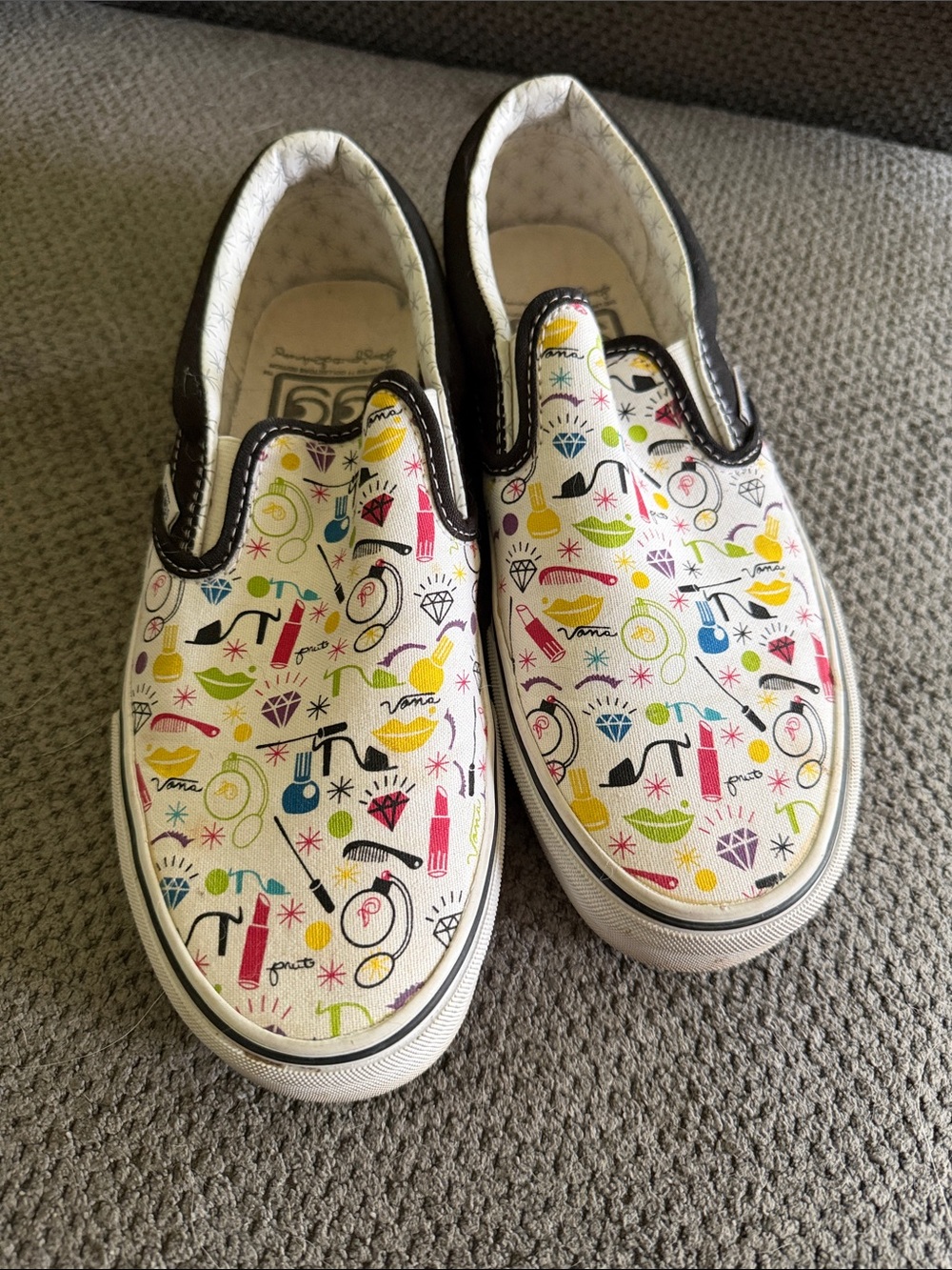 Vans White Slip-On Sneakers with Multicolor Icon Print